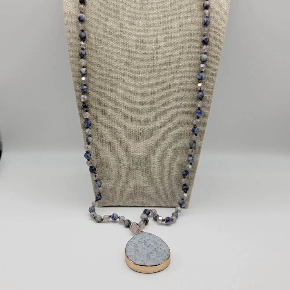Blue Aventurine Teardrop Pendant Quartz Beaded Necklace 36 Inch Gold-Tone